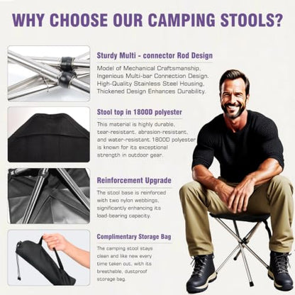 JVZI® Ultra-Light Camping Stool - 1-Second Quick Setup, Adjustable Height & Foldable Design, 260lbs Capacity for Camping, Fishing, Hiking & Outdoor Activities (1)