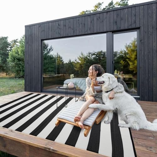 Outdoor Rug Waterproof 5 x 8 ft, Reversible Plastic Straw Rug for Patio, Large Outdoor Carpet for RV, Patio, Camping, Backyard, Deck, Picnic, Beach, Black & White - color: Black/White, size: 5'x8'