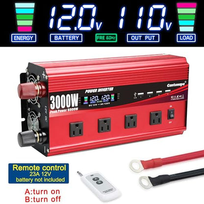 Cantonape 3000W Power Inverter 12V to 110V/120V DC to AC with LCD Display, Remote Controller 4 x AC Outlets and 4 x 3.1A USB Car Adapter for Car Truck Boat RV Solar System - size: 3000W-12V