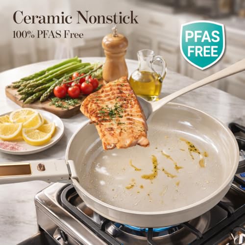 CAROTE 18Pcs Ceramic Cookware Set with Detachable Handle, Pots and Pans Set Non Stick, Non Toxic Cookware Set Removable Handles, Induction Kitchen Cookware Sets, Dishwasher/Oven Safe - color: Bronze Gold White
