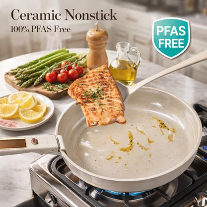CAROTE 18Pcs Ceramic Cookware Set with Detachable Handle, Pots and Pans Set Non Stick, Non Toxic Cookware Set Removable Handles, Induction Kitchen Cookware Sets, Dishwasher/Oven Safe - color: Bronze Gold White
