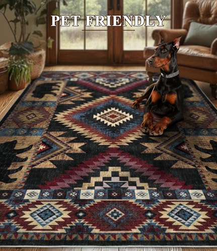 YIHOUSE Rustic Cabin Area Rug 4x6,Machine Washable Lodge Bear Rug,Non-Slip Low Pile Print Pattern Western Aztec Rug for Living Room Bedroom - color: Bear, size: 4'x6' (Rectangular)