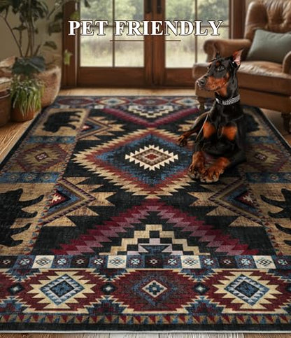 YIHOUSE Rustic Cabin Area Rug 4x6,Machine Washable Lodge Bear Rug,Non-Slip Low Pile Print Pattern Western Aztec Rug for Living Room Bedroom - color: Bear, size: 4'x6' (Rectangular)
