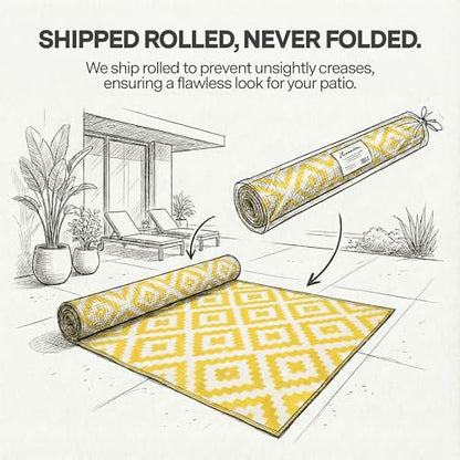 FH Home Outdoor Rug - Waterproof, Fade Resistant, Reversible - Premium Recycled Plastic - Geometric - Large Patio, Deck, Sunroom, Camping, RV - Aztec - Yellow & White Crease Free - 6 x 9 ft - color: Aztec - Yellow & White, size: 6' x 9' (Rectangular)