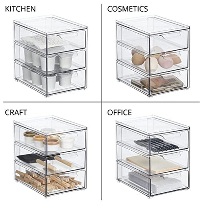 mDesign Plastic Stackable Organizer with 3 Drawers - Pull-Out Drawer Storage Bin for Bathroom Sink/Cabinet Organization - Perfect for Makeup, Small Towels, and More - Lumiere Collection, 2 Pack, Clear - size: 8 x 6 x 8 (Pack of 2)