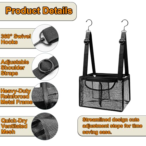 Black PVC Mesh Hanging Shower Caddy with 2 Magnetic Hooks, Adjustable Portable Bathroom Organizer with Pockets for Cruise, Dorm, Gym, Camping, RV, 12"x6"x7"(LxWxH)