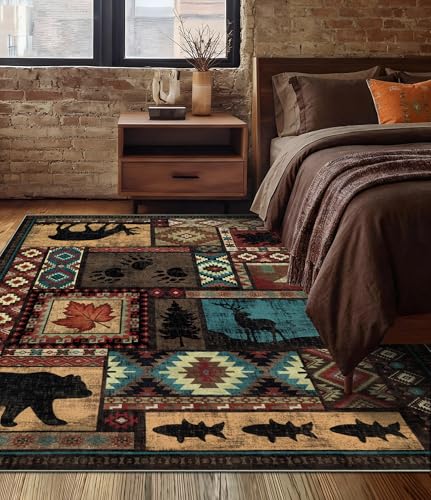 YIHOUSE Rustic Cabin Area Rug 4x6,Machine Washable Lodge Bear Rug,Non-Slip Low Pile Print Pattern Western Rug for Living Room Bedroom - color: Brown, size: 4'x6' (Rectangular)