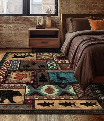 YIHOUSE Rustic Cabin Area Rug 4x6,Machine Washable Lodge Bear Rug,Non-Slip Low Pile Print Pattern Western Rug for Living Room Bedroom - color: Brown, size: 4'x6' (Rectangular)