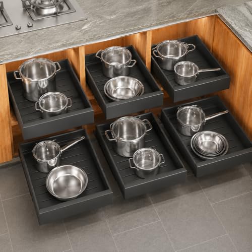 6 Pack Pull out Cabinet Organizer, Expandable(12"-20") Heavy Duty Slide out Drawer Fixed with Adhesive Nano Film for Pots, Roll out Shelf Storage for Kitchen Organization, Pantry, Bathroom(Black) - color: Black, size: 21"D×12"-20"W(6 Pack)