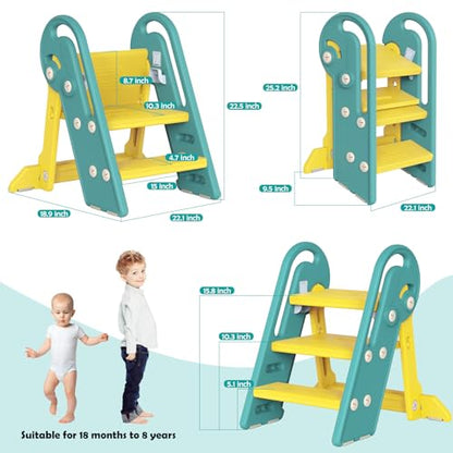 Onasti Folding Step Stool with Adjustable Height, 3-Step Converts to 2-Step, Sturdy Anti Slip Bathroom Step Stool for Toilet, Bathroom Sink, Kitchen Counter, Space Saving Design for Home Use- Green - color: Green Yellow