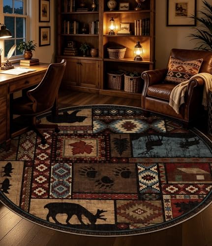YIHOUSE Rustic Round Rug 4ft, Washable Circle Rug with Non-Slip Backing, Low Pile Soft Western Cabin Rugs for Living Room, Bedroom - color: Brown, size: 4' (Round)