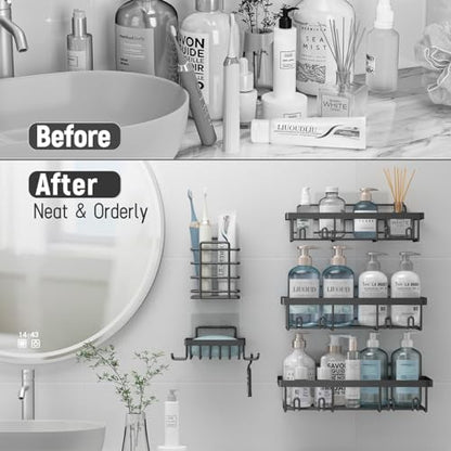 Liuoud 5 Pack Shower Caddy Organizer Rack Shelf for Inside Shower, Self Adhesive Bathroom Wall Storage Basket Rustproof Stainless Steel Large Capacity Shampoo Holder, Dark Grey - color: Dark Grey