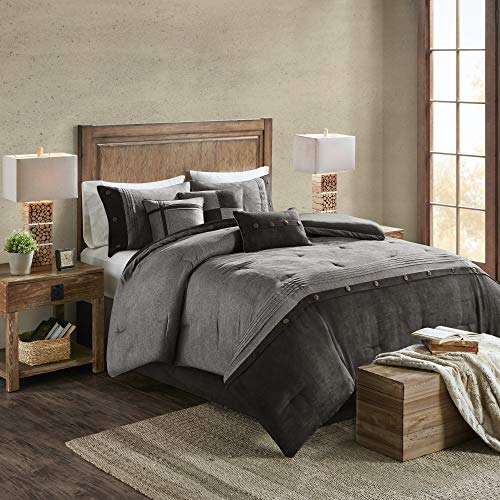 Madison Park Boone Cozy Comforter Set, Faux Suede, Deluxe Hotel Styling All Season Down Alternative Bedding Matching Shams, Decorative Pillow, Queen (90 in x 90 in), Rustic Grey 7 Piece,Dark Gray - color: Dark Grey, size: Queen (90 in x 90 in)