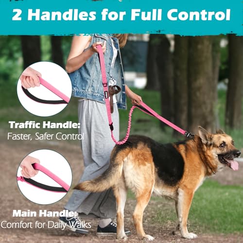 PetBonus Heavy Duty Tactical Dog Leash, 5 FT Bungee Shock Absorption Leash with 2 Padded Handles, Quick Release Metal Clip, Car Seatbelt, No Pull Training Lead for Large Medium Dogs（Pink） - color: Pink