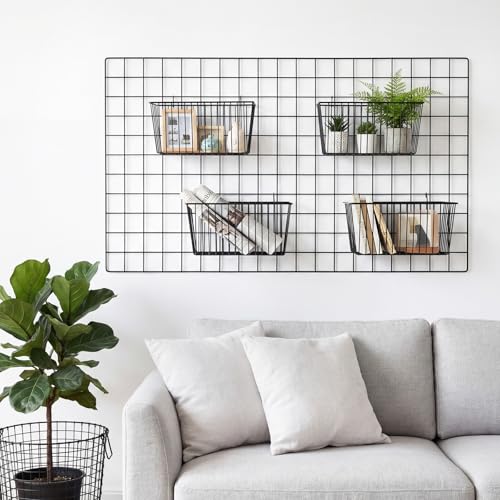 4pcs Hanging Wire Basket Set with S Hooks, 10.8''x7.8''x5.6'' Grid Panel gridwall Storage Baskets for Kitchen, Home Decor, Potted Plants Display, Black Metal Gridwall Accessories