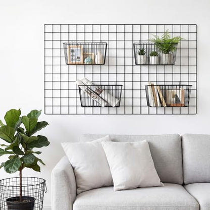 4pcs Hanging Wire Basket Set with S Hooks, 10.8''x7.8''x5.6'' Grid Panel gridwall Storage Baskets for Kitchen, Home Decor, Potted Plants Display, Black Metal Gridwall Accessories