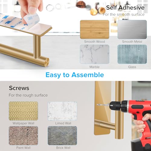 2nd Gen Paper Towel Holder Under Cabinet No Drilling, [More Sturdy] Self Adhesive or Drilling Paper Towel Holder Wall Mount for Kitchen, RV, [Fit Mega Paper Towel Roll] SUS304 Stainless Steel - color: Gold