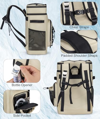 Insulated Cooler Backpack, 35L Leakproof Backpack with Double Compartments for Men & Women, Large Lunch Cooler for Camping, Beach, Travel, Picnic, Up to 48 Cans - color: Beige