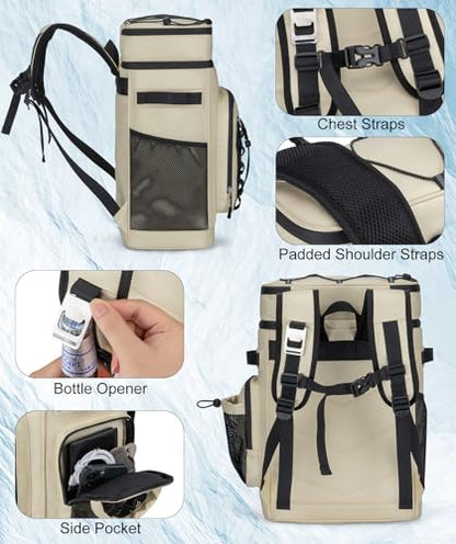 Insulated Cooler Backpack, 35L Leakproof Backpack with Double Compartments for Men & Women, Large Lunch Cooler for Camping, Beach, Travel, Picnic, Up to 48 Cans - color: Beige