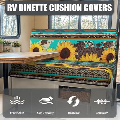 NDISTIN Green Aztec Sunflower Camper Couch Cushion Covers Dinette 2Pcs RV Dinette Cushion Covers Booth Set with 1 Bench Cover & 1 Backrest Cover Rv Bench Seat Covers for Dinette - color: Green Aztec Sunflower