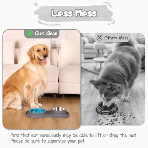 MateeyLife Dog Food and Water Bowl Set 3 in 1, Slow Feeder Dog Bowls & Stainless Steel Water Bowl with Non-Spill Silicone Mat, Cat and Puppy Bowls Pet Dishes for Small Medium Large Breed Anti-Choking - color: Gray, size: Large