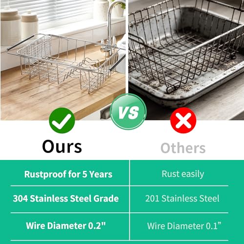 JAQ Over Sink Dish Drying Rack, Expandable 14.96"–22.44" Adjustable Dish Rack for Kitchen Sink, 304 Stainless Steel Dish Drainer with Utensil Holder, Space Saving for Most Standard Kitchen Sinks - size: 304 Stainless Steel - 11 dishes