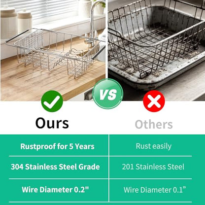 JAQ Over Sink Dish Drying Rack, Expandable 14.96"–22.44" Adjustable Dish Rack for Kitchen Sink, 304 Stainless Steel Dish Drainer with Utensil Holder, Space Saving for Most Standard Kitchen Sinks - size: 304 Stainless Steel - 11 dishes