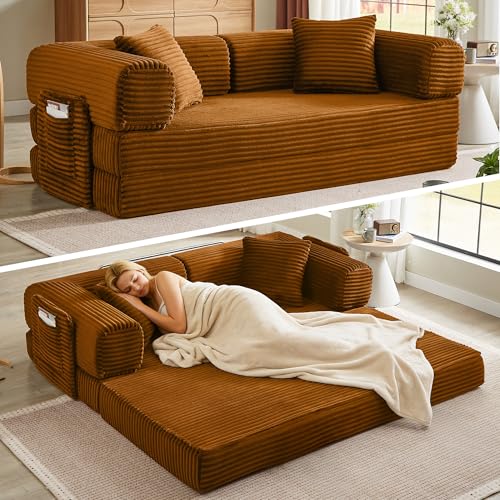 Boneless Couch Futon Sofa Bed Sectional Couches for Living Room,Cloud Couch with Sleeper Sofa,Sofas for Living Room Oversized Corduroy Upholstered (Orange, 81 Inches (with Iron Frame)) - color: Orange, size: 81 Inches