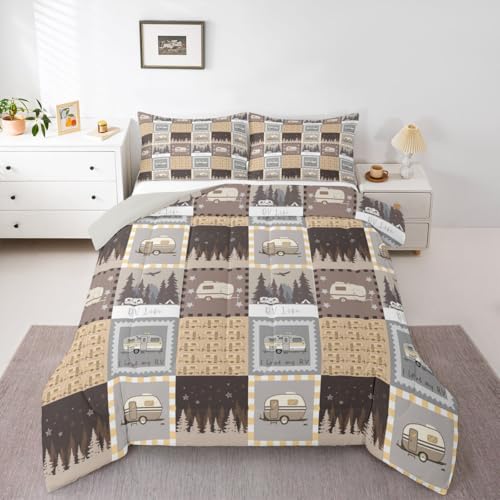 Erosebridal Happy Camping Comforter Set Full Size, Rv Camper Decor Bedding Set Rustic Farmhouse Patchwork Quilt Camping Gift for Women Decor, Retro Lodge Cabin Decor Duvet Insert with 2 Pillow Cases - color: Multi 01, size: Full
