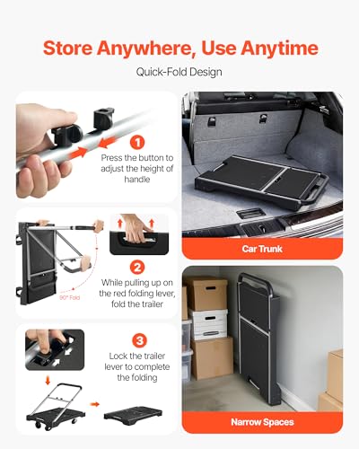 VEVOR Foldable Utility Cart, 330LBS Portable Dolly Cart with Telescoping Handle for Boxes, Crates, Groceries, Folding Platform Truck with 360° Swivel Wheels for Garage/Garden/Office, Black - size: 26.8 x 19.5 x 4.5 in/ 680 x 495 x 115 mm