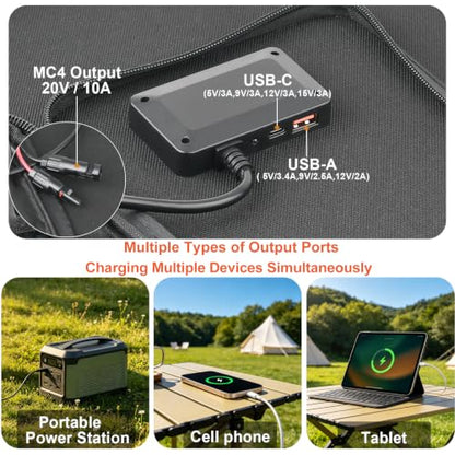 200W Portable Solar Panel Lightweight Design 25% Efficiency HPBC Solar Cell | 20V Foldable Charger, Compatible for Jackery/Ecoflow/Bluetti,with MC4,PD45W USB-C,IP65 for RV camping off-grid Power Blackout