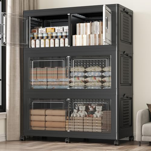 150Gal Stackable Storage Bins with Lid, 600Qt Extra Large Collapsible Storage Box with Wheels, Dividers, Folding Plastic Cabinet Closet Organizers for Home Kitchen Office Dorm, 3Pack Black - color: Black, size: 50Gal-3Pack