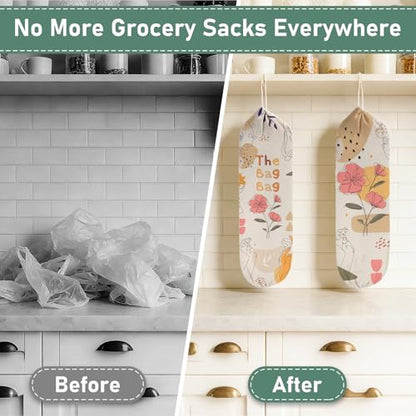 2PCS Boho Plastic Bag Holder for Kitchen Essentials, Reusable Hanging Grocery Bag Organizer, Washable Large Grocery Trash Garbage Bags Storage Dispenser Boho Kitchen Decor-07 - style: Boho 07
