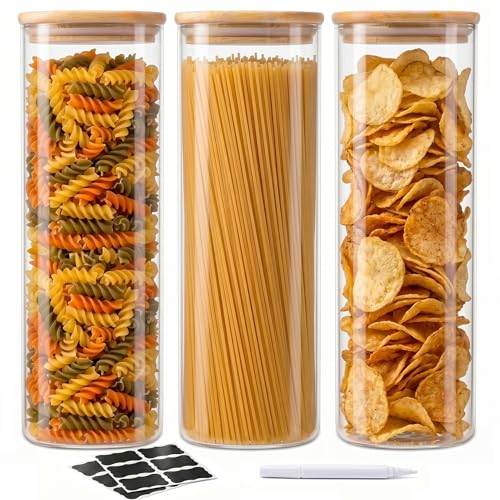SENTVEND 73 Oz Glass Storage Jars with Bamboo Lids - 3 Pack Clear Glass Canisters Square Airtight Stackable Ideal for Pantry Storage Containers Great for Storing Oats Coffee Beans Pasta Flour Rice etc - color: 73 OZ-Clear