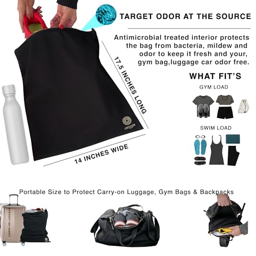 Ornadi Antimicrobial Wet Gym Clothes Bag Waterproof Bacteria Odor Control | 2-layer flex-fit stain-resistant bag inhibits odor-causing bacteria. Machine washable. For gym, sweat, swim & travel laundry