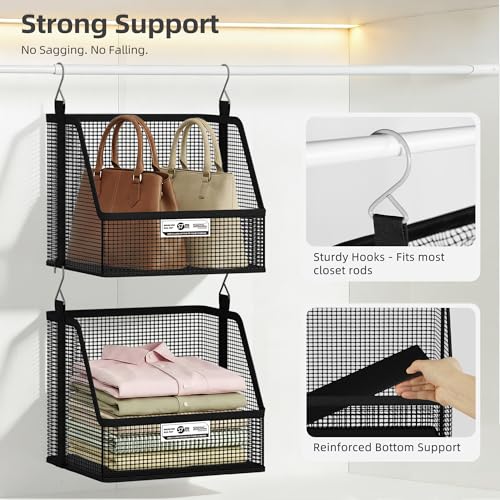 STORAGE MANIAC 3 Tier Hanging Closet Organizer with Mesh Baskets, Clothes Hanging Shelves, Foldable Stackable Storage, Space-Saving Collapsible Basket with Hooks for RV, Dorm, Bedroom, College, Black - size: 3 Tier