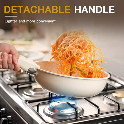 Astercook 23 Pcs Pots and Pans Set Non Stick, Ceramic Cookware Set Detachable Handle, RV Kitchen Cooking Set Removable Handles, Oven Safe, Induction Ready, Stackable, Cream, Fathers Day Gift for Men - color: Cream White, size: 23 Piece
