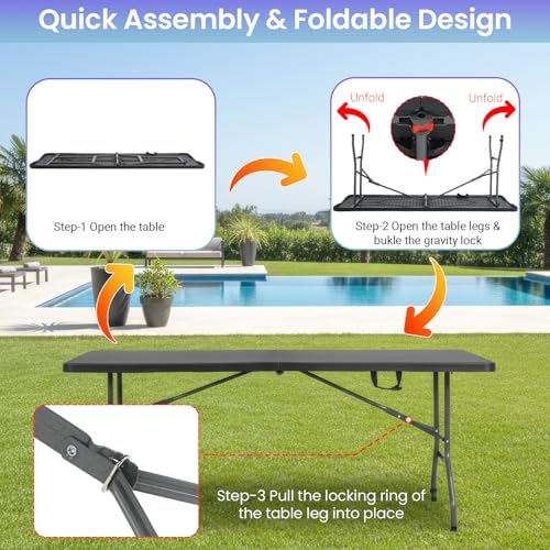 FDW 6FT Folding Table, Portable Fold-in-Half Plastic Picnic Party Table with Carrying Handle （Black, 6FT） - color: Black, size: 6 FT 70"x29"