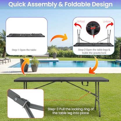 FDW 6FT Folding Table, Portable Fold-in-Half Plastic Picnic Party Table with Carrying Handle （Black, 6FT） - color: Black, size: 6 FT 70"x29"