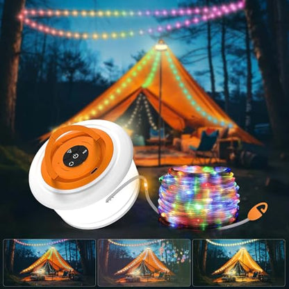 TOHETO Camping String Lights, 3 in 1 Upgraded Retractable RGB Outdoor String Lights with 19 Lighting Modes,Quick 30s Recovery, 32.8 FT Portable Tent Lights, Rechargeable Camping Lantern (White&Orange) - style: White&Orange
