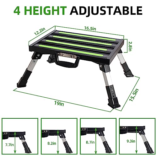 Homeon Wheels RV Step Stool, Adjustable Height Folding Aluminum Platform, Non-Slip Rubber Feet, Reflective Stripe, Handle, RV T Level, 1000 lbs, 16.5" x 12.2", for Trailer, Truck, Outdoor Use, Black - color: Black