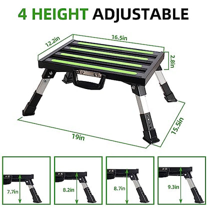 Homeon Wheels RV Step Stool, Adjustable Height Folding Aluminum Platform, Non-Slip Rubber Feet, Reflective Stripe, Handle, RV T Level, 1000 lbs, 16.5" x 12.2", for Trailer, Truck, Outdoor Use, Black - color: Black