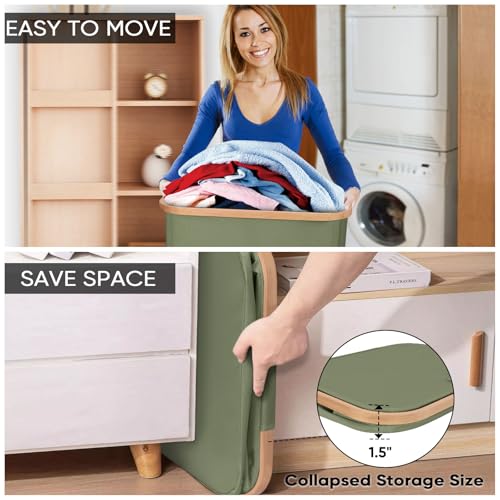 BALEINE Laundry Hamper with Lid, Tall Laundry Baskets with Bamboo Pull Handles, Large Laundry Bin with Internal Support (18 Gal/70L, Green) - color: Green, size: 70 liters