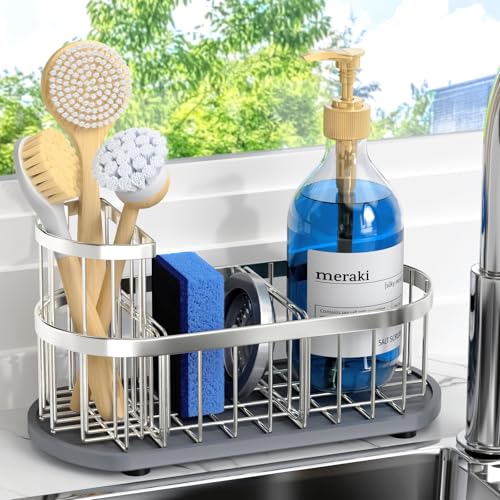 Sponge Holder for Kitchen Sink with High Brush Holder, [Stay-Dry Anywhere & No Drainage Needed] Rustproof Stainless Steel Kitchen Sink Caddy Organizer with Water Absorbing Stone Tray, Silver - color: Silver