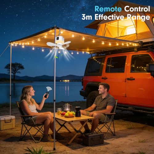 Portable Ceiling Fan with Lights Remote,USB Rechargeable Camping Fan,9.25" Wireless Tent Fan with 4 Speeds,Timer,Battery-Powered Ceiling Fan for RV,Truck,Rooftop Tent,Travel,Camping (White(B)) - color: White(B)