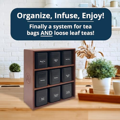AllSpice Tea Organizer Rack with 9 Tins & 160 Magnetic Labels – Perfect for Bagged & Loose Leaf Tea Organization - Walnut - color: Walnut Stain