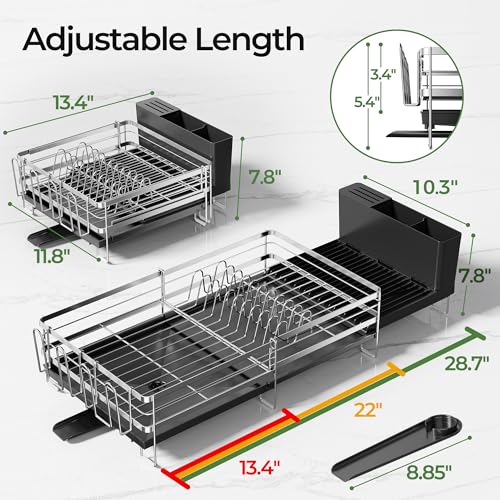 Large Dish Drying Rack, Expandable Dish Rack, Stainless Steel Anti-Rust Dish Racks for Kitchen Counter, Multifunctional Dish Drainer with Utensil Holder & Cup Holder, 13.4"-28.7" L x 11.8" W - color: Silver, size: 1 Tier