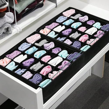 Socks Underwear Storage Box - 24 - Grid Foldable Drawer Organizer for Closet Space Saving, Black