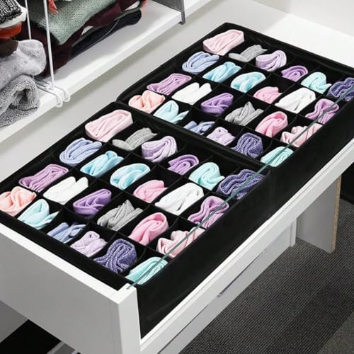 Socks Underwear Storage Box - 24 - Grid Foldable Drawer Organizer for Closet Space Saving, Black