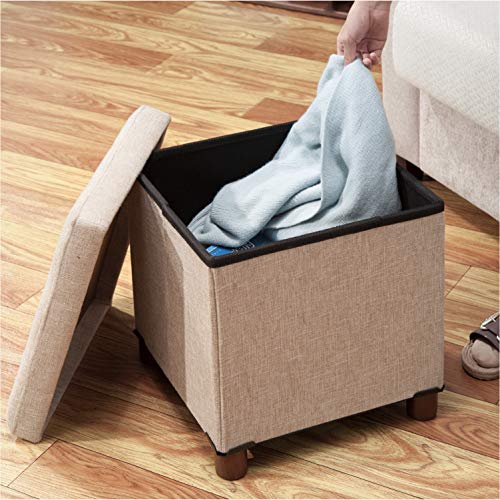 15 Inch Storage Ottoman with Wooden Legs - Cube Foot Rest Stool, Square Footstool, Comfortable Seat with Lid, Foldable Fabric Ottoman, Space-Saving Beige - color: Squ Beige
